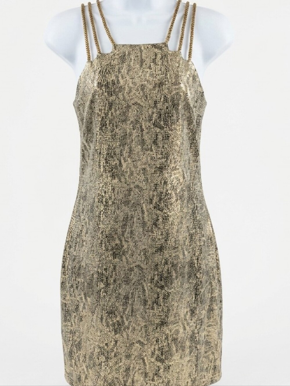 X. Double Zero Metallic Snake Skin Grid Mini Dress Gold Chain Straps Medium